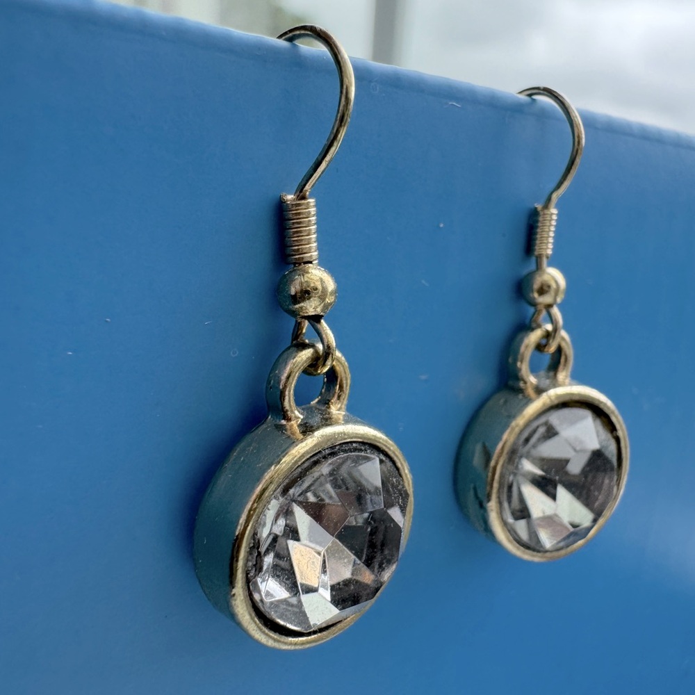 Gold Statement Earrings EUC Circle Crystal Drop Dangle Silver Gray Gemstone - Picture 4 of 7